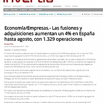 Las fusiones y adquisiciones aumentan un 4% en Espaa hasta agosto, con 1.329 operaciones